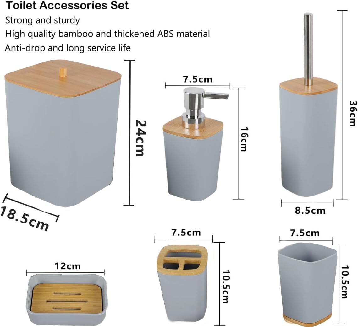 6-Piece Bamboo Bathroom Accessories Set – Bathroom Set with Trash Can, Toothbrush Holder, Soap Dish, Soap Dispenser & Cup – Stylish & Durable for Home Décor