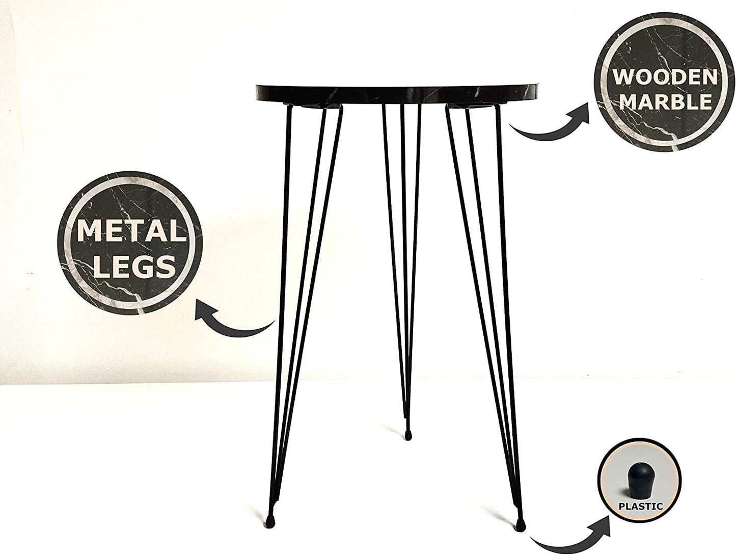 Set of 2 Black Marble End Tables Round Wood Sofa Side Coffee Tables for Small Spaces, Nightstand Bedside Table with Metal Legs for Bedroom, Living Room, Office, Balcony