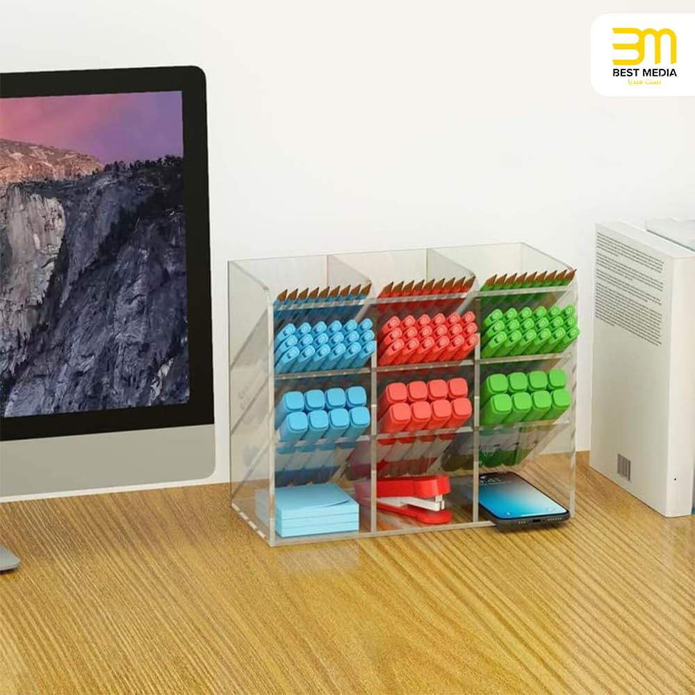 Clear Acrylic Desk Organizer and Pen Holder, 12-Compartment Pencil Caddy for Office and School, Versatile Makeup Brush Organizer and Art Craft Supplies Storage Solution