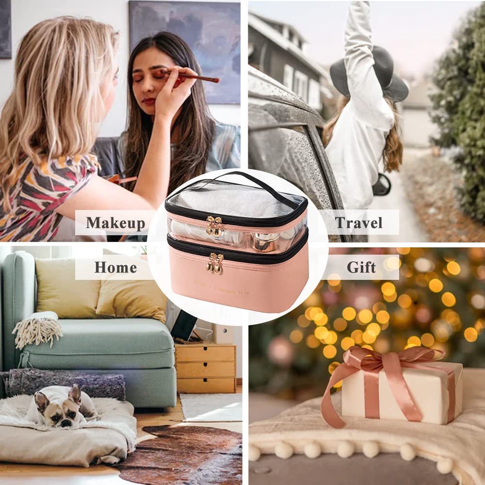 Cosmetic Bag, Double-Level Waterproof Travel Makeup Organizer with Adjustable Dividers, Large Portable Toiletry Case for Women, Multi-Functional Makeup Storage Bag for Home, Vacation, School - Pink