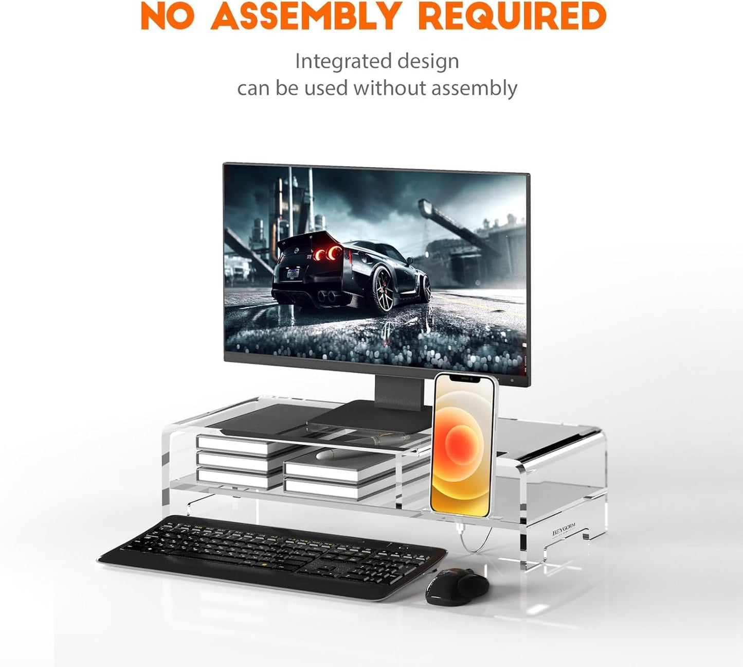 Clear Acrylic Monitor Stand Riser with 2 Tiers and Phone Holder, 50.8 x 20.3 x 11.4 cm Desktop Organizer Shelf for Laptop Printer or Screen, Ergonomic Display Stand for Home or Office