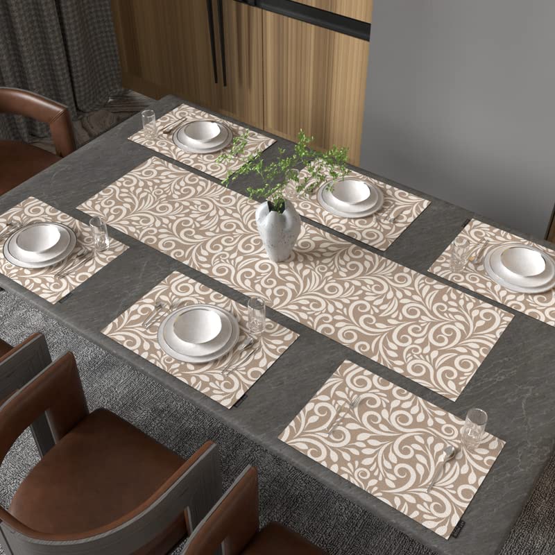 Cran Leaf 7-Piece Dining Set, includes 6 Durable Canvas Placemats (45x30 cm) and 1 Table Runner (35x140 cm), Beige & Blue, a Botanical Design to Protect and Style your Table
