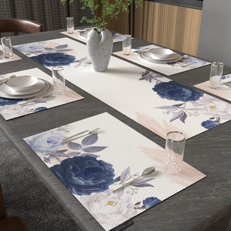 Bloom 7-Piece Dining Set, includes 6 Durable Canvas Placemats (45x30 cm) and 1 Table Runner (35x140 cm), Blue & White, with a Floral Design to Protect and Beautify your Table