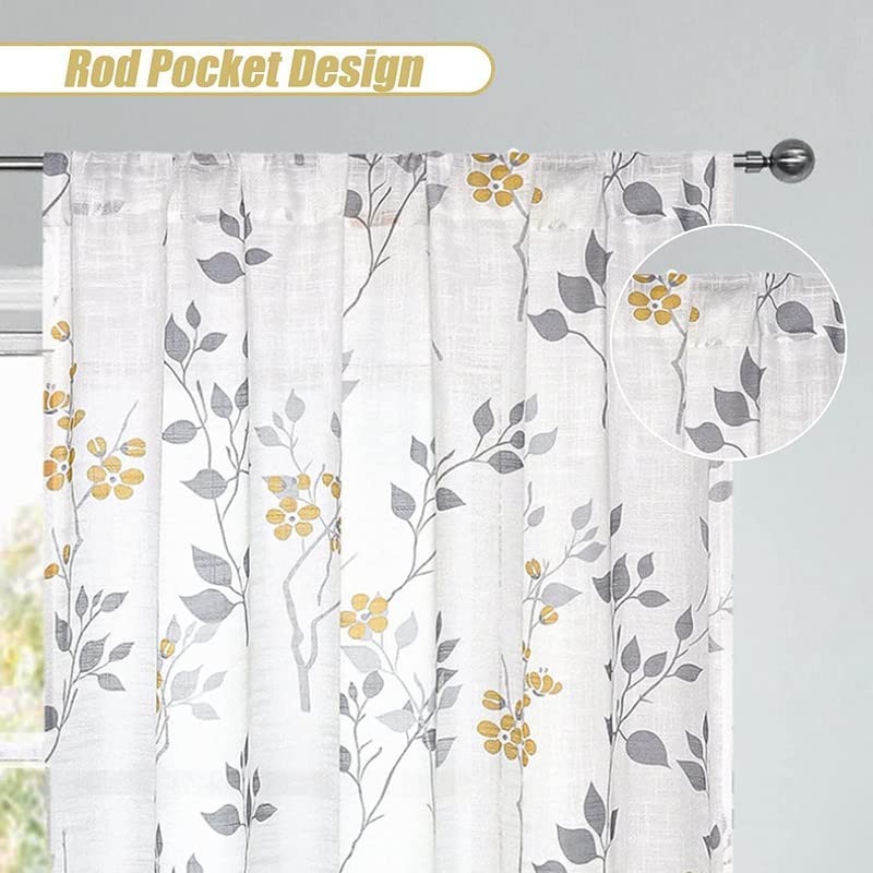 Rich Natural Linen curtains - Printed floral curtains- Semi-transparent - Road Pocket grommets for living room, bedroom, kitchens, 1 piece