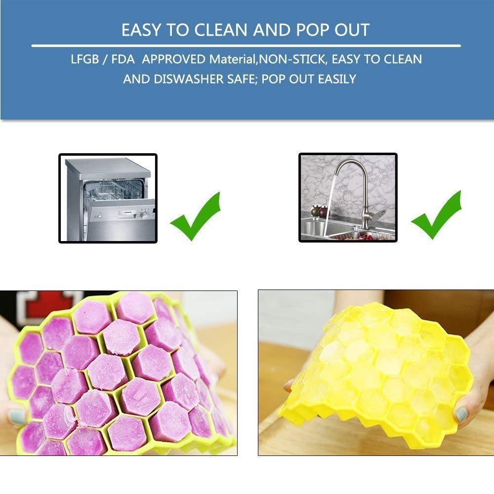 Vency Flexible Silicone Honeycomb Shape Ice Cube Tray - 37 Grids Cavity Mold for Cocktail, Whiskey, Coffee, Fruit Juice, Soft Drink (Set of 2, Multicolor)