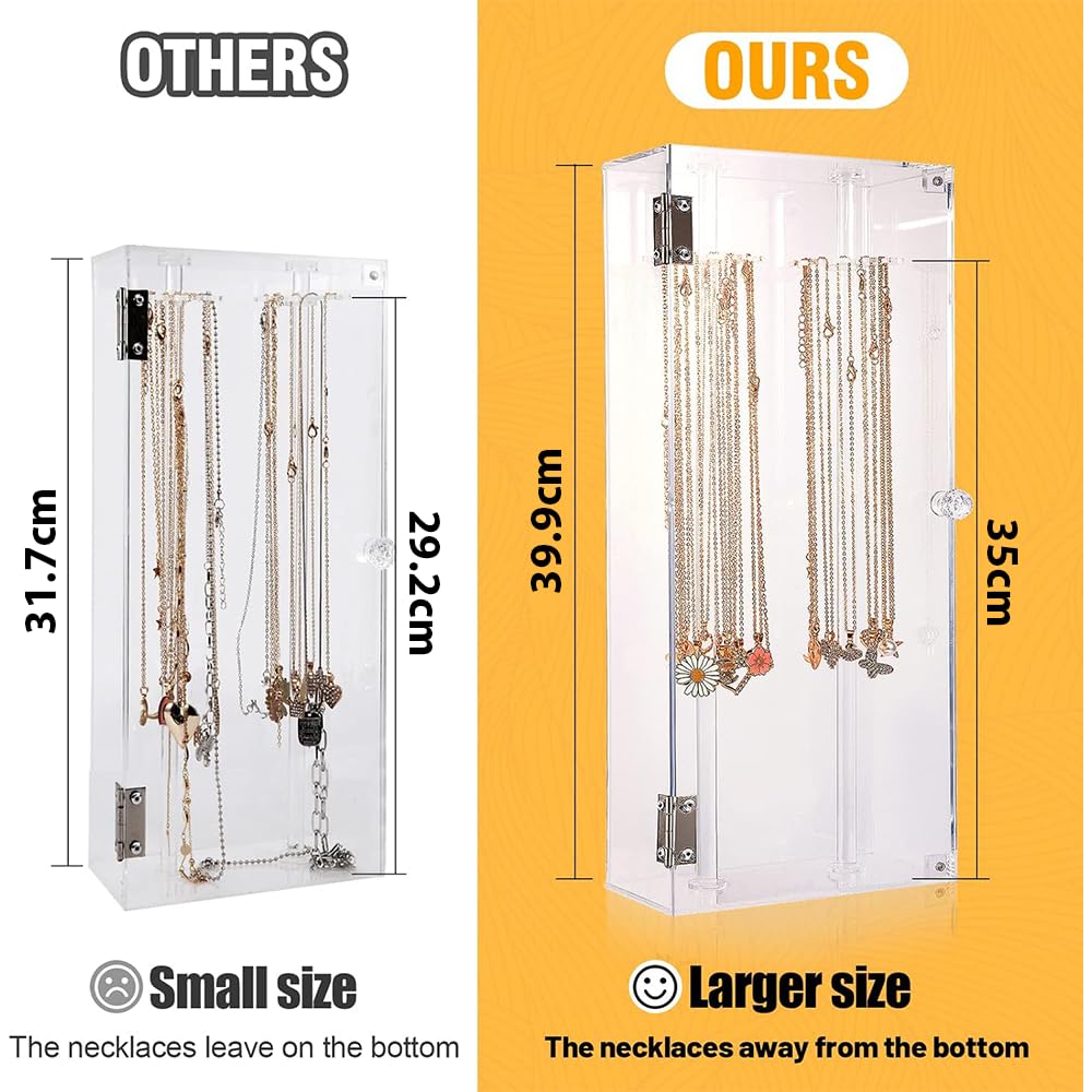 Rotating Acrylic Necklace Holder, Lengthened Clear Jewelry Display Stand with 24 Hooks, Dustproof Organizer for Necklaces and Pendants, Perfect for Dresser, Bathroom, Retail Display, Clear