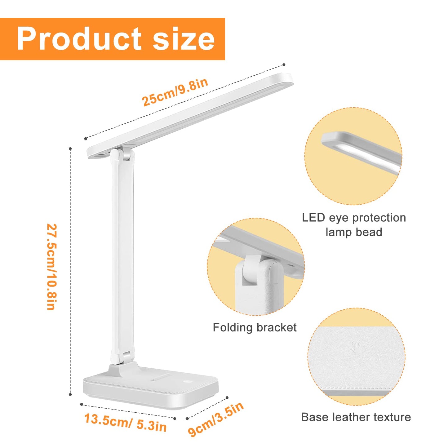 Sporgo Desk Lamp, LED Table Lamp, 3 Colours and 5 Brightness Levels, Dimmable Eye Protection, Table Lamp, Desk Lamp with USB Port, Touch Control, Reading Lamp for Children, Office, Rooms