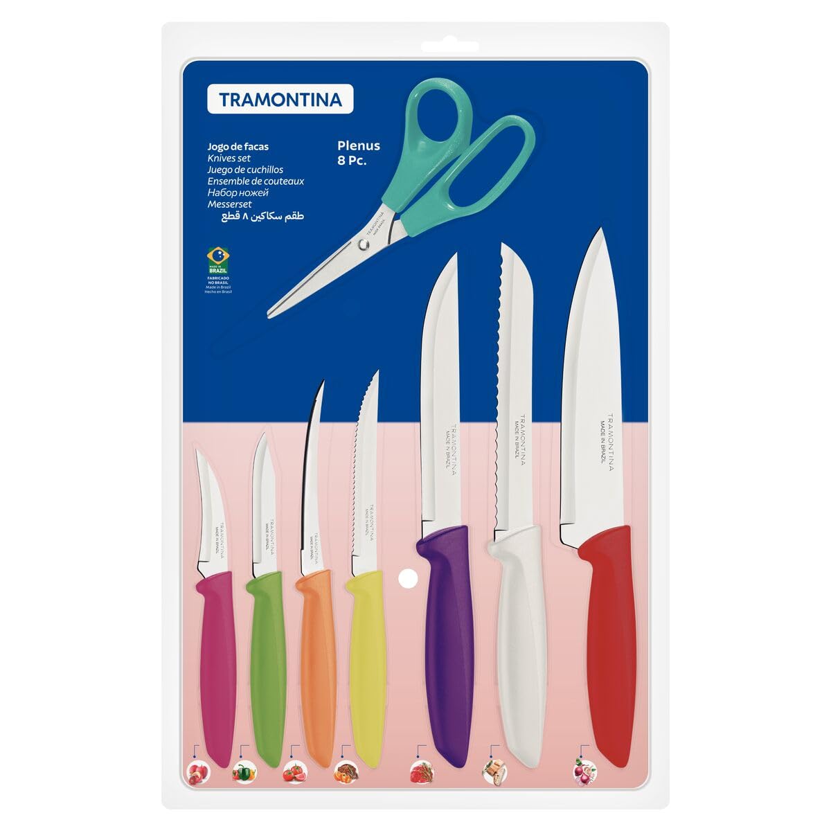 Plenus Knife Set – 7 Knives + 1 Scissors – Multi-Color Handles – Durable Blades for All Kitchen Needs