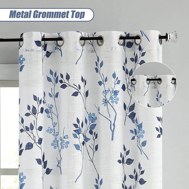 Rich Natural Linen curtains - Printed floral curtains- Semi-transparent - Steel grommets for living room, bedroom, kitchens, 1 piece