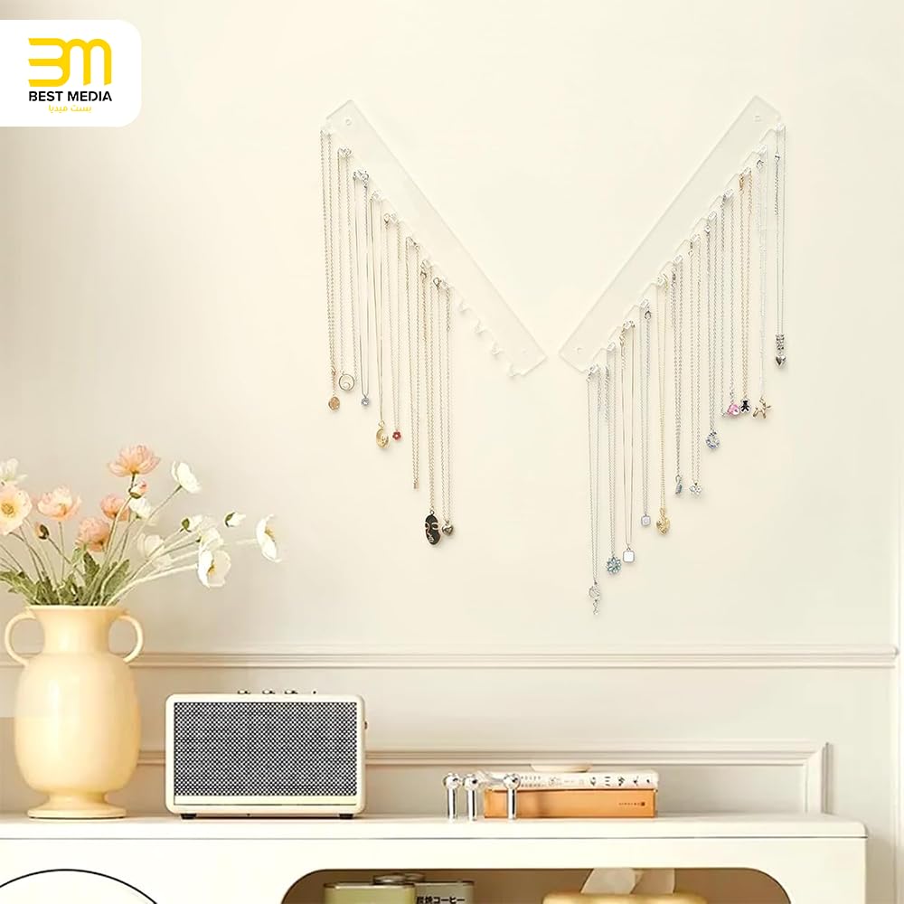 Wall Mounted Acrylic Necklace Holder Set, 2-Piece Hanging Jewelry Organizer with 12 Hooks Each, Perfect for Necklaces, Bracelets, Rings and Bangles Display, Space-Saving Storage, Clear