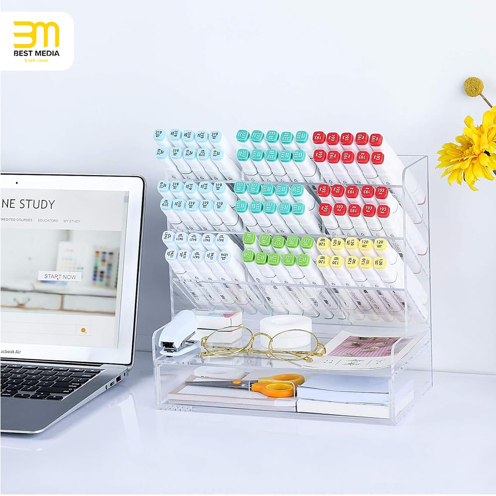 Clear Acrylic Desk Organizer for Pens and Accessories, Multi-Compartment Marker and Pencil Holder with Integrated Storage Drawer, Desktop Organization Caddy for Art and Office Supplies