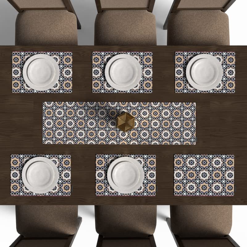 Kai 7-Piece Dining Linens Set, with 6 multicolor canvas placemats (45x30 cm) and 1 table runner (35x140 cm), with a unique artistic Islamic design to elevate your dining experience