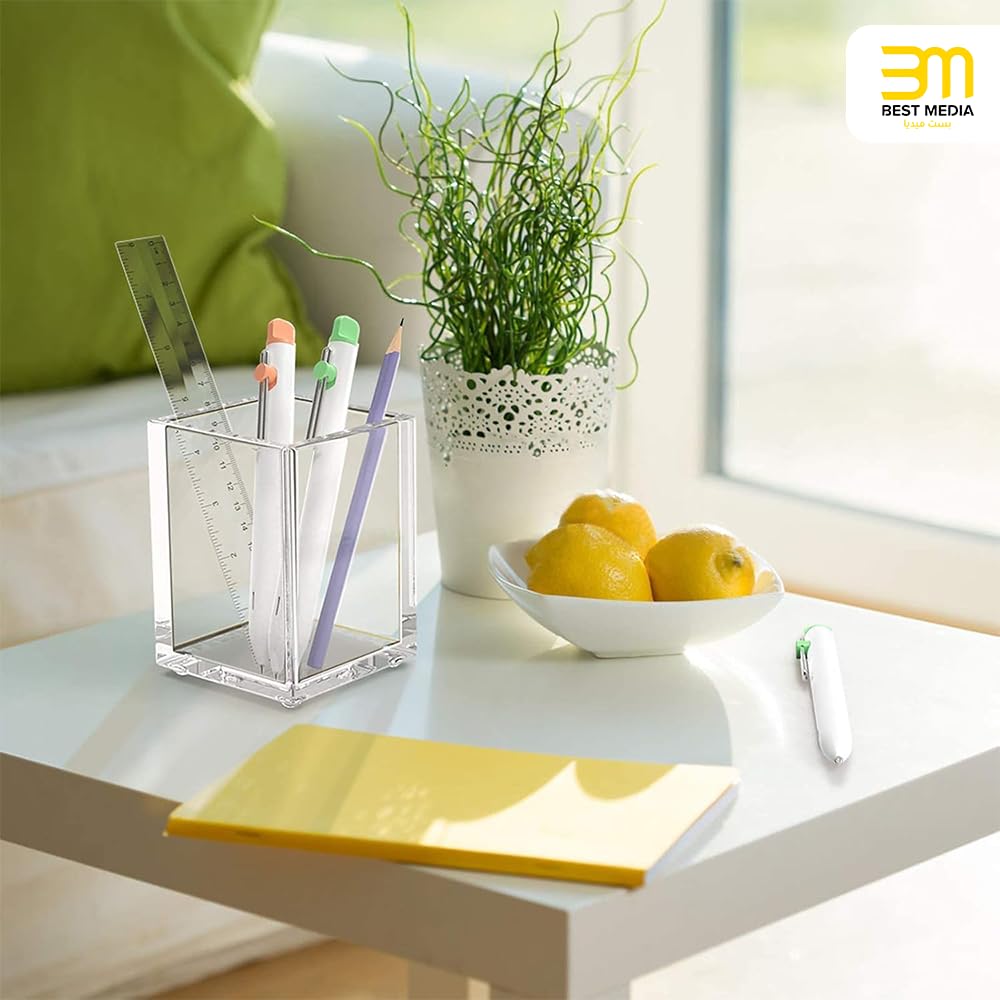 Clear Acrylic Pen and Pencil Holders for Desk, Set of 2, Modern and Sturdy Pen Cups for Office and Home, Versatile Makeup Brush Organizers, Transparent Desktop Stationary Storage