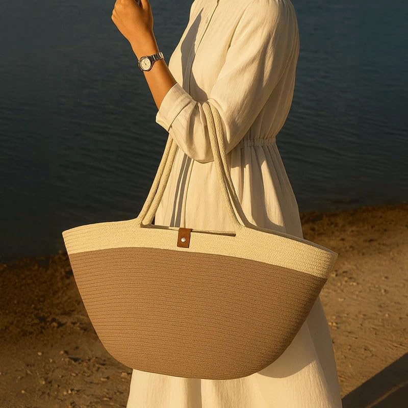 Cotton Rope Bag, 65×32 cm Woven Tote with Soft Handles, Eco-Friendly Textured Shoulder Bag for Beach Market Daily Use, Spacious Handcrafted Carryall for Women