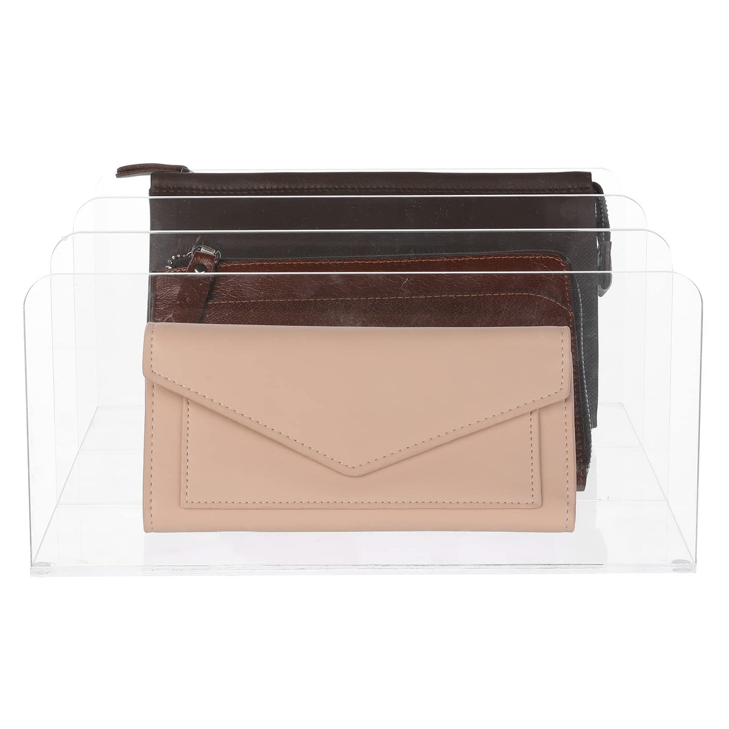 Clear Acrylic Divided Purse and Wallet Organizer, 3 Sections, Handbag Storage, Clutch Holder for Closet Organization or Retail Display, Durable & Elegant Design