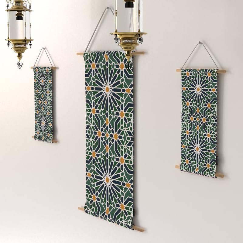 Ramadan's Unique Adden Velvet Fabric Posters Set, a Wall Art Decor Kit for Festive Home Decor, Green & Blue, a Garden-Inspired Islamic Design for Living Room or Bedroom