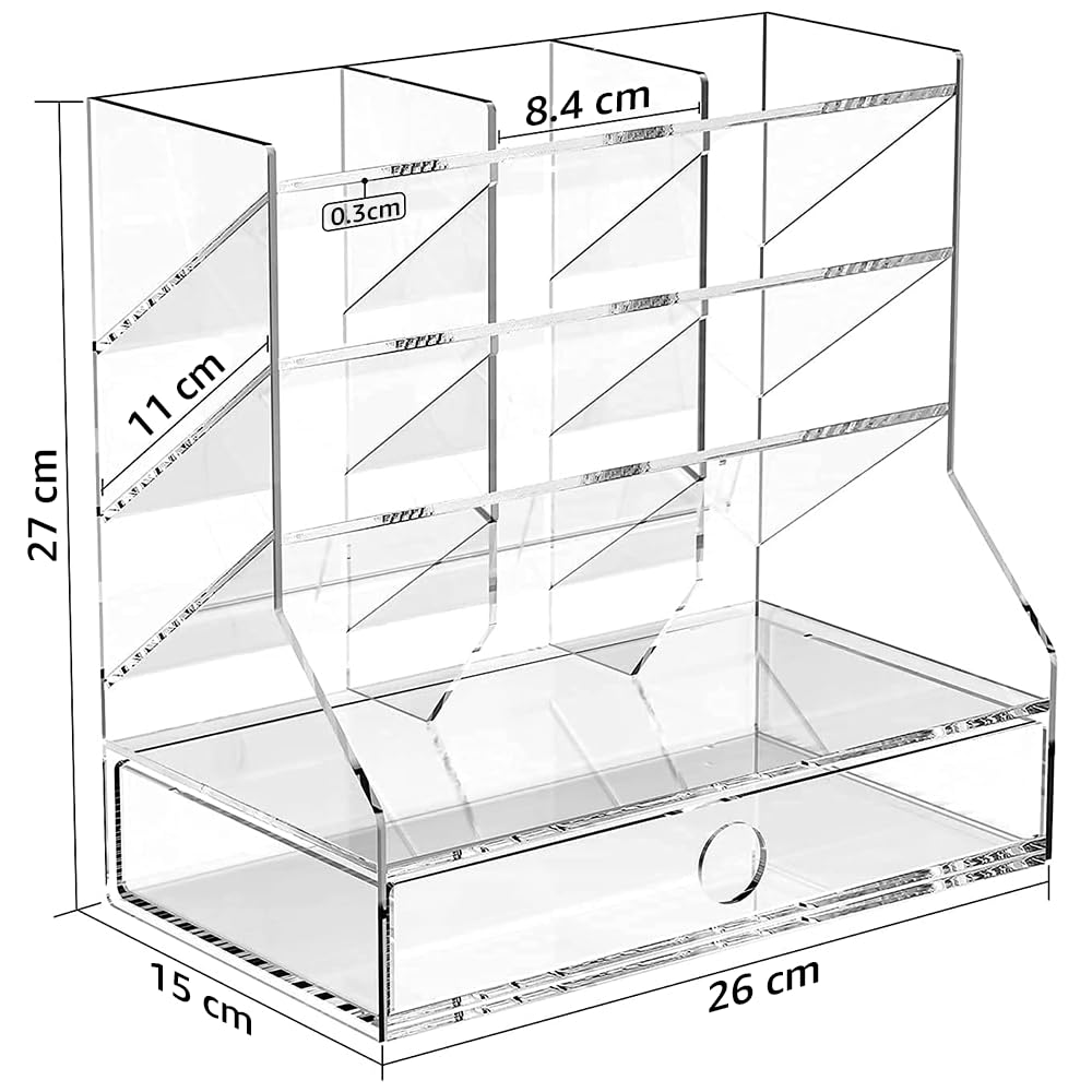 Acrylic Pen Organizer for Desk with Drawer, Multi-Functional Clear Marker Holder with 12 Compartments, Heavy-Duty Desktop Pencil Storage for Home, Office & Art Studio