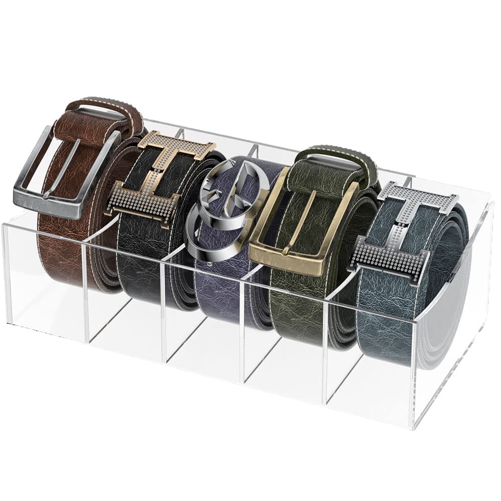 Acrylic Belt Storage Holder, 5-Compartment Clear Display Organizer for Closet or Drawer, Belt Tie and Bow Tie Container for Men’s Accessories and Daily Use, Transparent Case, Clear