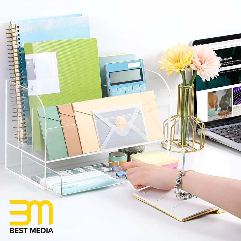 Minimalist Acrylic Desk Organizer and File Sorter, Transparent Desktop Storage Solution with 3 Vertical Slots and 1 Integrated Drawer for Home and Office, Sleek Modern Design