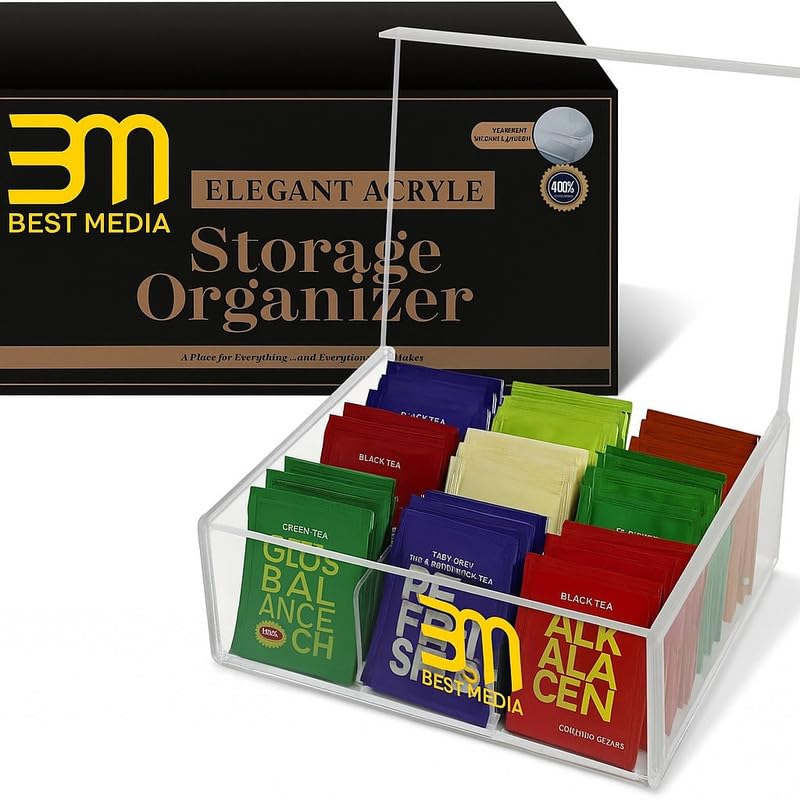 1-Piece Acrylic Tea Bag Organizer Box with Lid, 9 Compartments, Clear Storage for Packets, Condiments, Crafts, and Kitchen Counter Organization