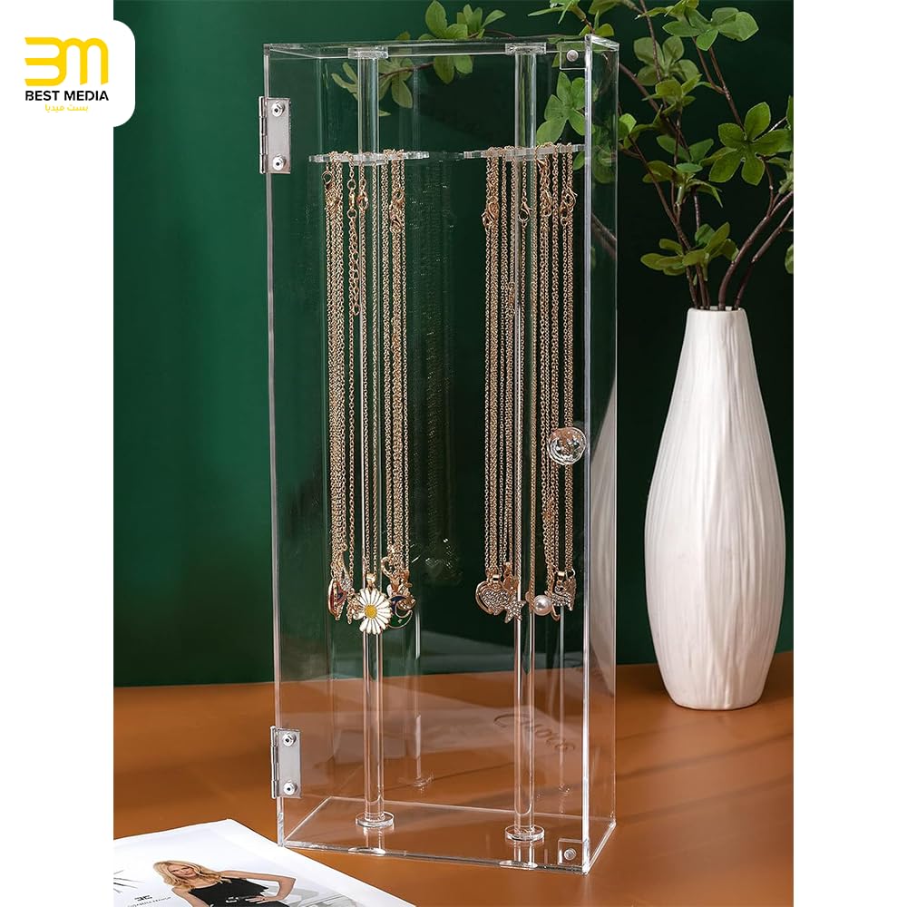 Rotating Acrylic Necklace Holder, Lengthened Clear Jewelry Display Stand with 24 Hooks, Dustproof Organizer for Necklaces and Pendants, Perfect for Dresser, Bathroom, Retail Display, Clear