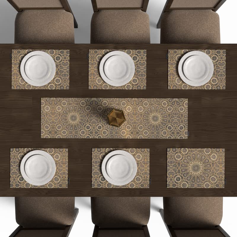Diwan 7-Piece Dining Linens Set, with 6 multicolor canvas placemats (45x30 cm) and 1 runner (35x140 cm), with a traditional Islamic pattern to create an elegant and festive table