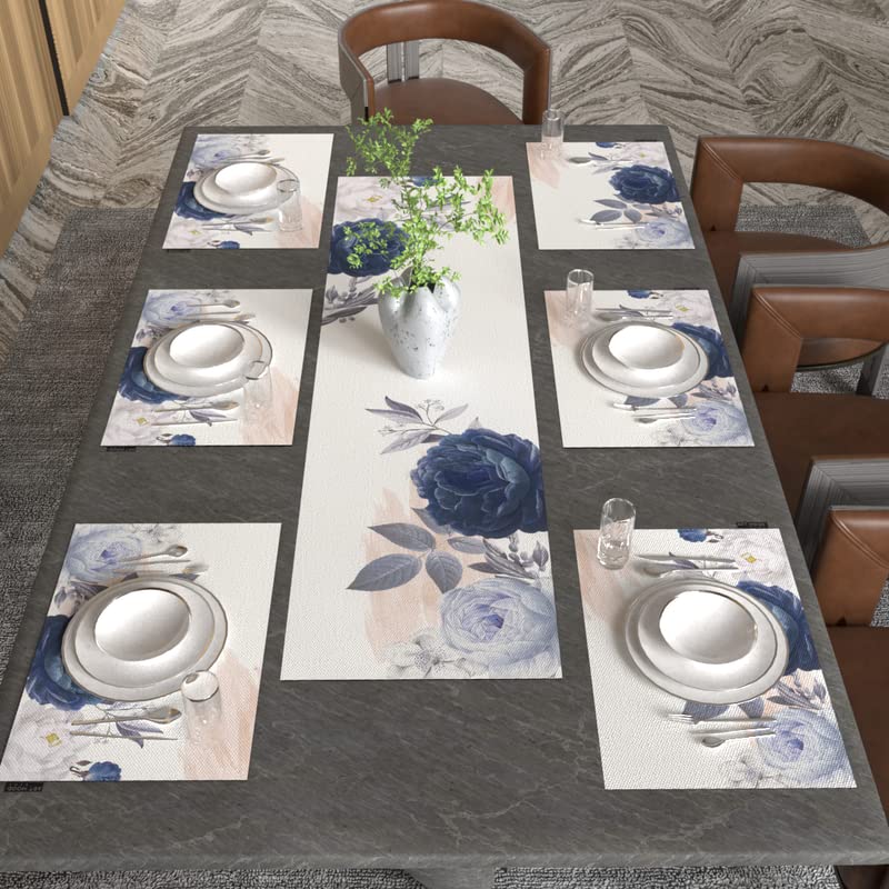 Bloom 7-Piece Dining Set, includes 6 Durable Canvas Placemats (45x30 cm) and 1 Table Runner (35x140 cm), Blue & White, with a Floral Design to Protect and Beautify your Table