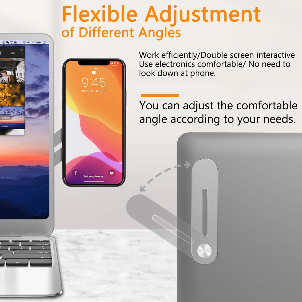 حامل هاتف محمول، حامل جانبي نحيف محمول قابل للطي للشاشة لأجهزة الكمبيوتر المحمول أو المكتبي، حامل هاتف ذكي قابل للتعديل، دعامة توسيع شاشة الكمبيوتر، متوافق مع أي هاتف، فضي