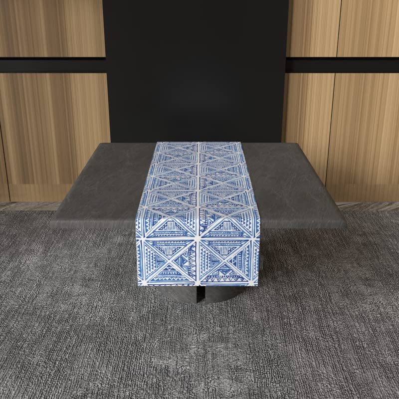 Glam Velvet Table Runner in Blue & White, a Plush Decorative Centerpiece with a Sophisticated and Glamorous Pattern, 35x140 cm, perfect for adding a Luxurious Accent to your Table