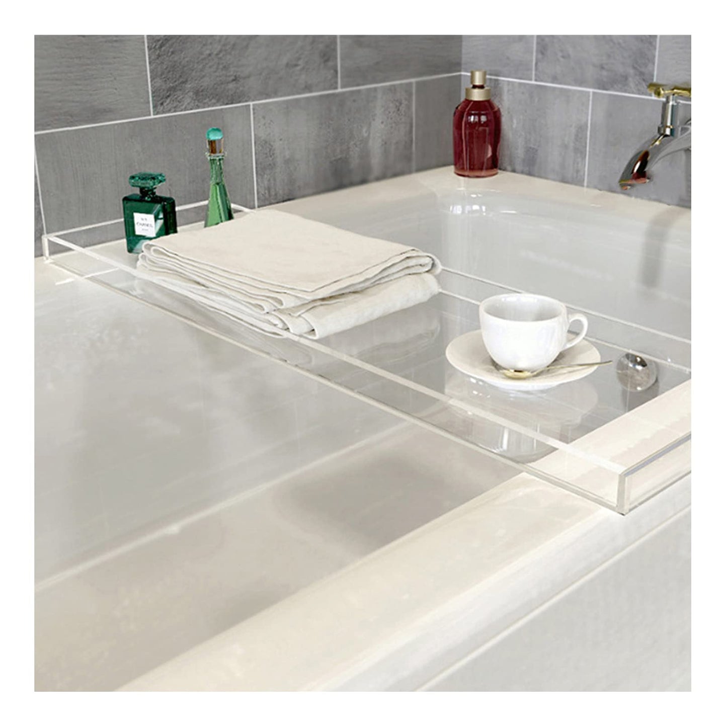 Bathtub Tray Caddy, Luxury Acrylic Bath Tub Shelf and Organizer, 82 x 20 cm Spa Tray with Tablet Holder, Perfect for Holding Books, Candles and Bath Essentials, Relaxation Accessory, Clear
