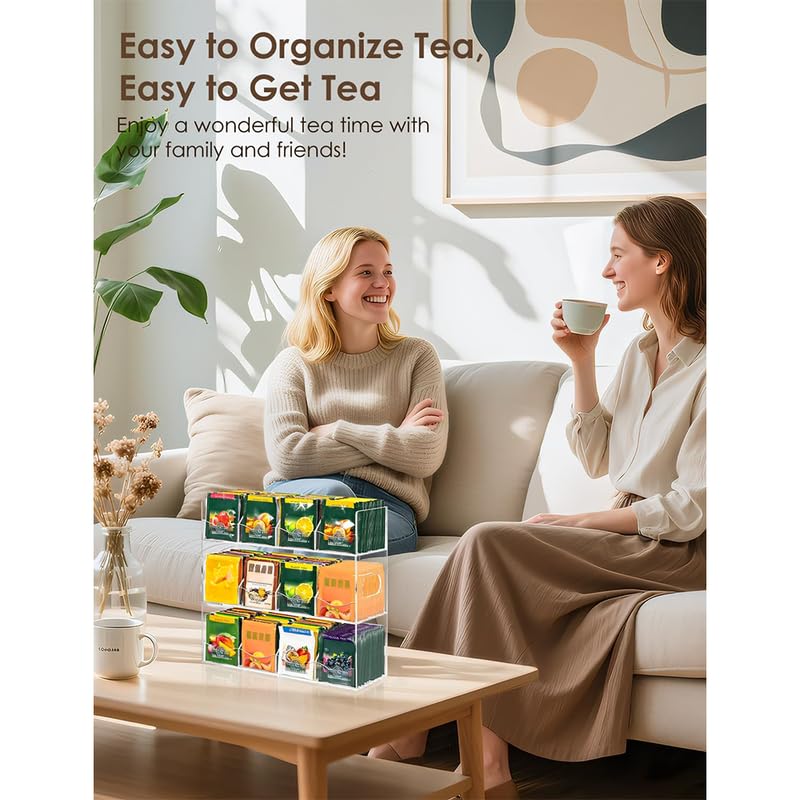 Clear Acrylic Tea Bag Organizer for Counter, Wall Mountable Tea Storage Box Holds 216+ Tea Bags, 9-Compartment Holder with Elegant Edge Design for Kitchen Cabinet and Pantry.