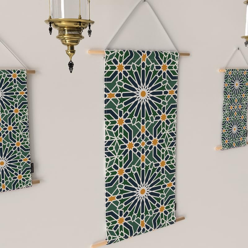 Ramadan's Unique Adden Velvet Fabric Posters Set, a Wall Art Decor Kit for Festive Home Decor, Green & Blue, a Garden-Inspired Islamic Design for Living Room or Bedroom