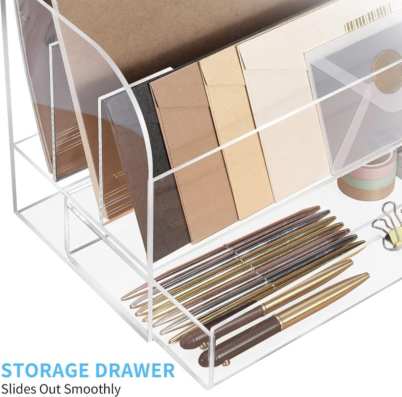 Minimalist Acrylic Desk Organizer and File Sorter, Transparent Desktop Storage Solution with 3 Vertical Slots and 1 Integrated Drawer for Home and Office, Sleek Modern Design