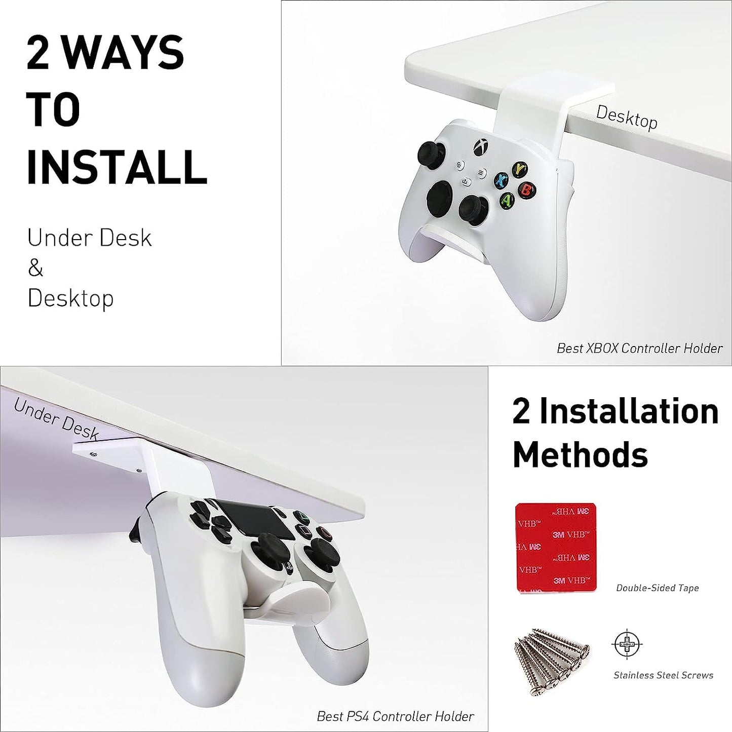Universal Gamepad Controller Stand for Desk, Tabletop Gaming Accessories Holder for XBOX, PS5, PS4, and PC Controllers with Cable Clips, Under-Desk Mount Option (White)