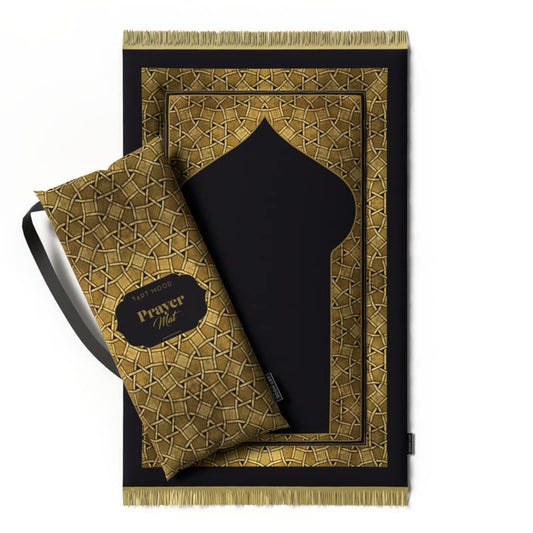 سجادة صلاة فاخرة مبطنة من المخمل باللونين الذهبي والأسود، 68×117 سم، سجادة ناعمة وسميكة توفر راحة ودعمًا إضافيين للركبتين والمفاصل أثناء الصلاة والتأمل اليومي.