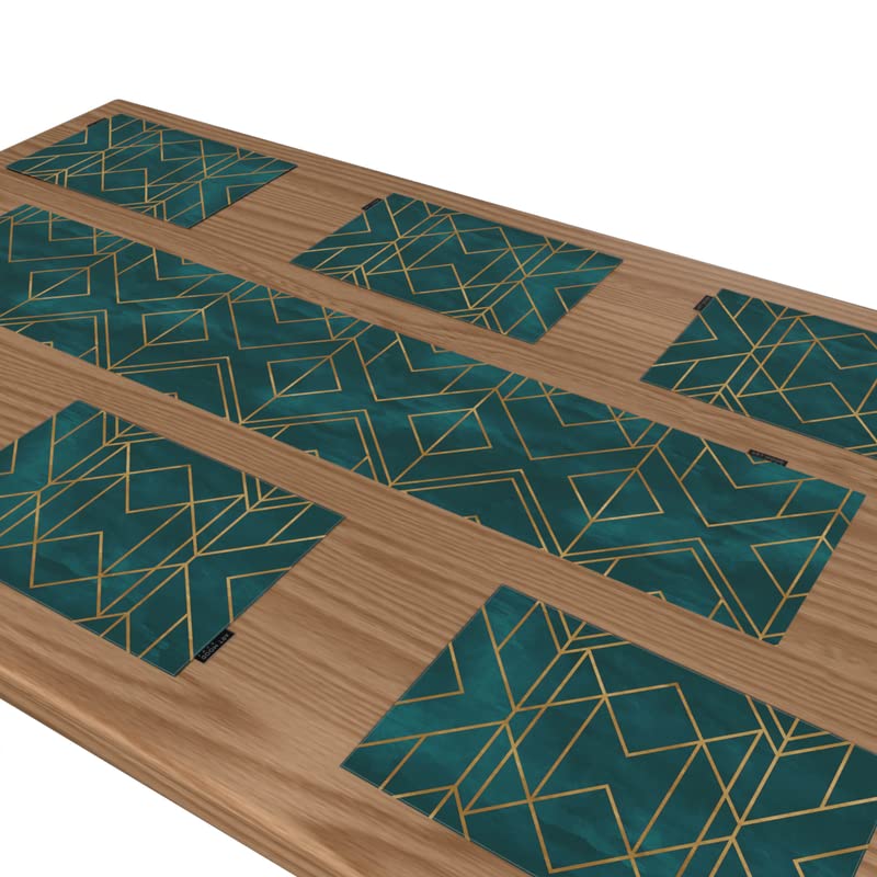 Gold Teal Canvas Placemats Set of 6 in Dark Green & Gold, each 45x30 cm, durable and washable table mats for protecting your dining surface with a touch of modern, elegant style