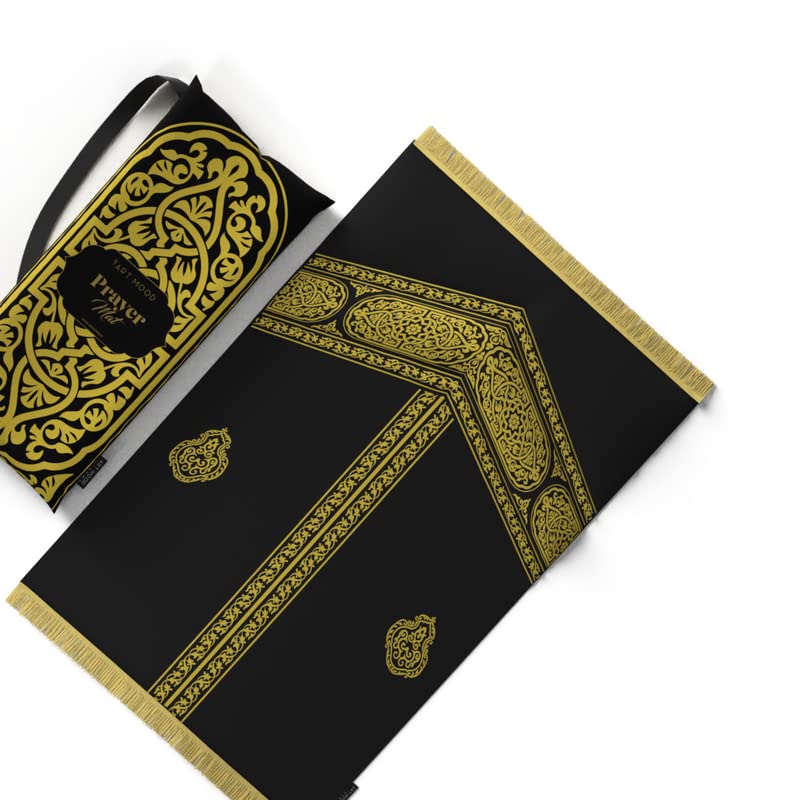 Velvet Padded Prayer Mat in Gold & Black, 68x117 cm, a premium rug with a unique Mecca design and soft cushioning for a comfortable and spiritually uplifting prayer experience