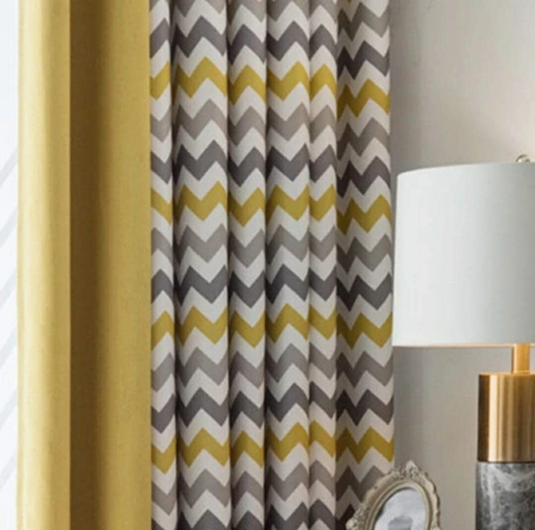 Luxury velvet curtains - Modern Design - Striped zig zag Yellow and Grey with plain velvet yellows 2 panels - Normal tape