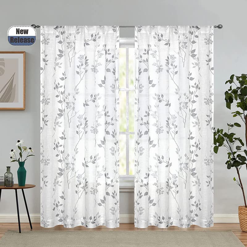 Rich Natural Linen curtains - Printed floral curtains- Semi-transparent - Road Pocket grommets for living room, bedroom, kitchens, 1 piece