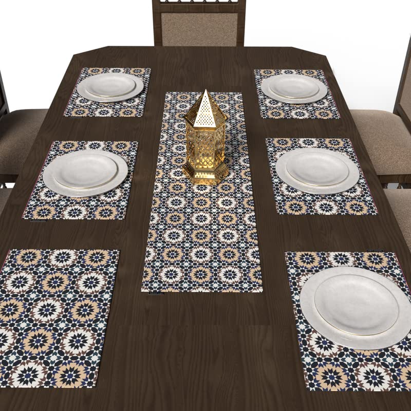Kai 7-Piece Dining Linens Set, with 6 multicolor canvas placemats (45x30 cm) and 1 table runner (35x140 cm), with a unique artistic Islamic design to elevate your dining experience