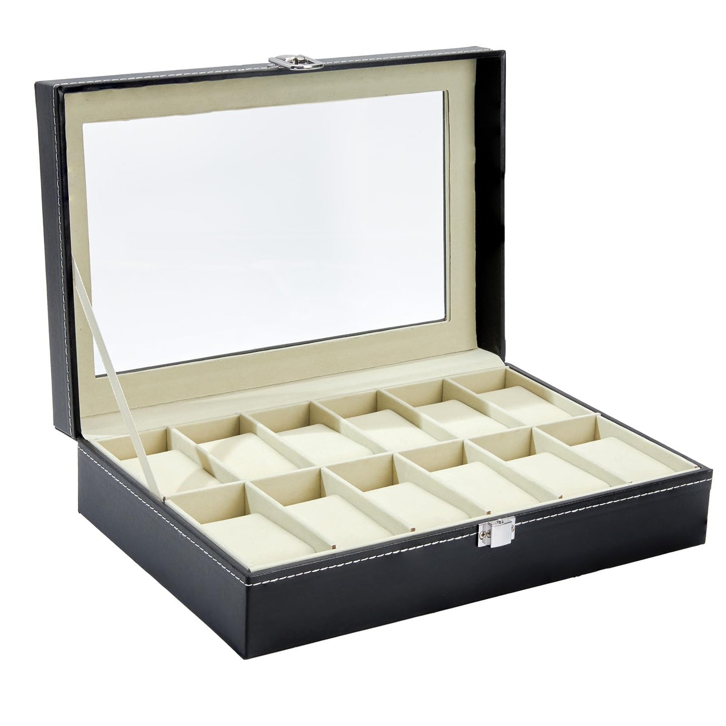 Watch Organizer Case for Men, 12 Slot Watch Box with Real Glass Lid, PU Leather Display Storage, Soft Velvet Interior, Jewelry Holder