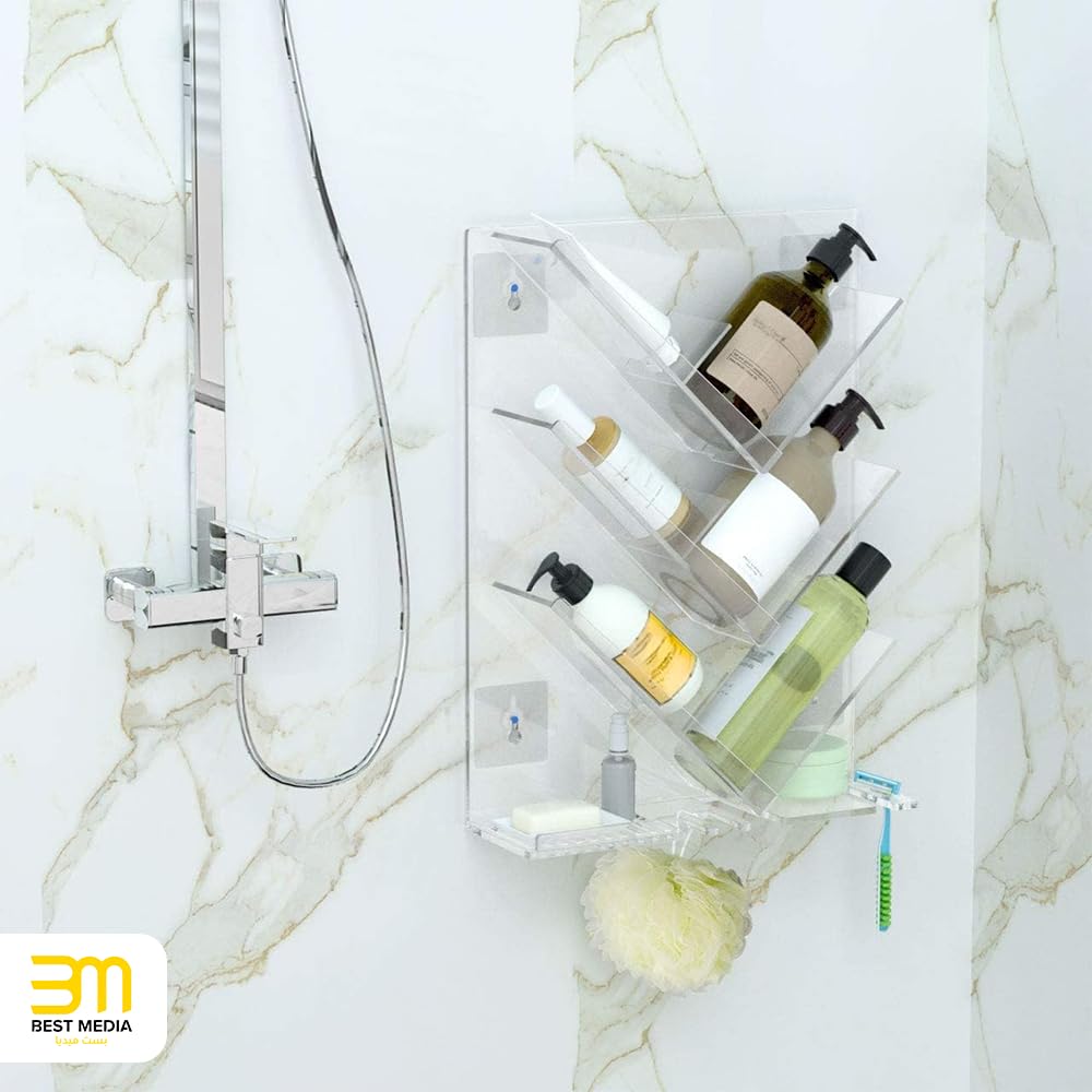 Acrylic Shower Caddy, Clear Bathroom Organizer with Suction Cups, No Drill Rustproof Shelf for Shampoo Bottles, Conditioner, Soap, and Bath Essentials, 28 x 12 cm, Clear