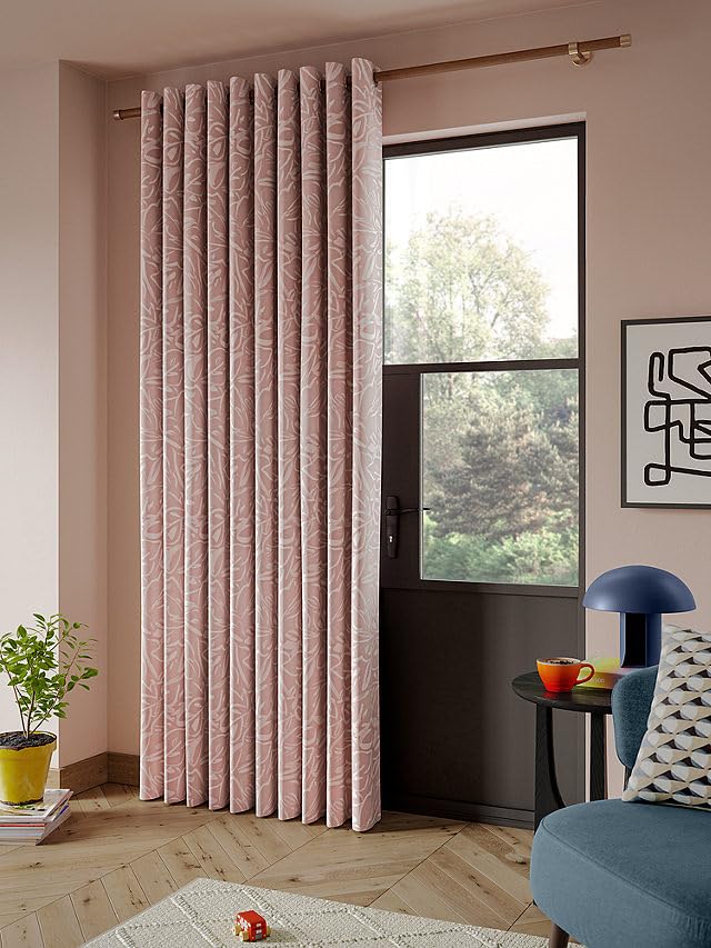 Linen Velvet Curtains - Pink Printed Leaves Sheer - Steel Grommets - 1 Piece