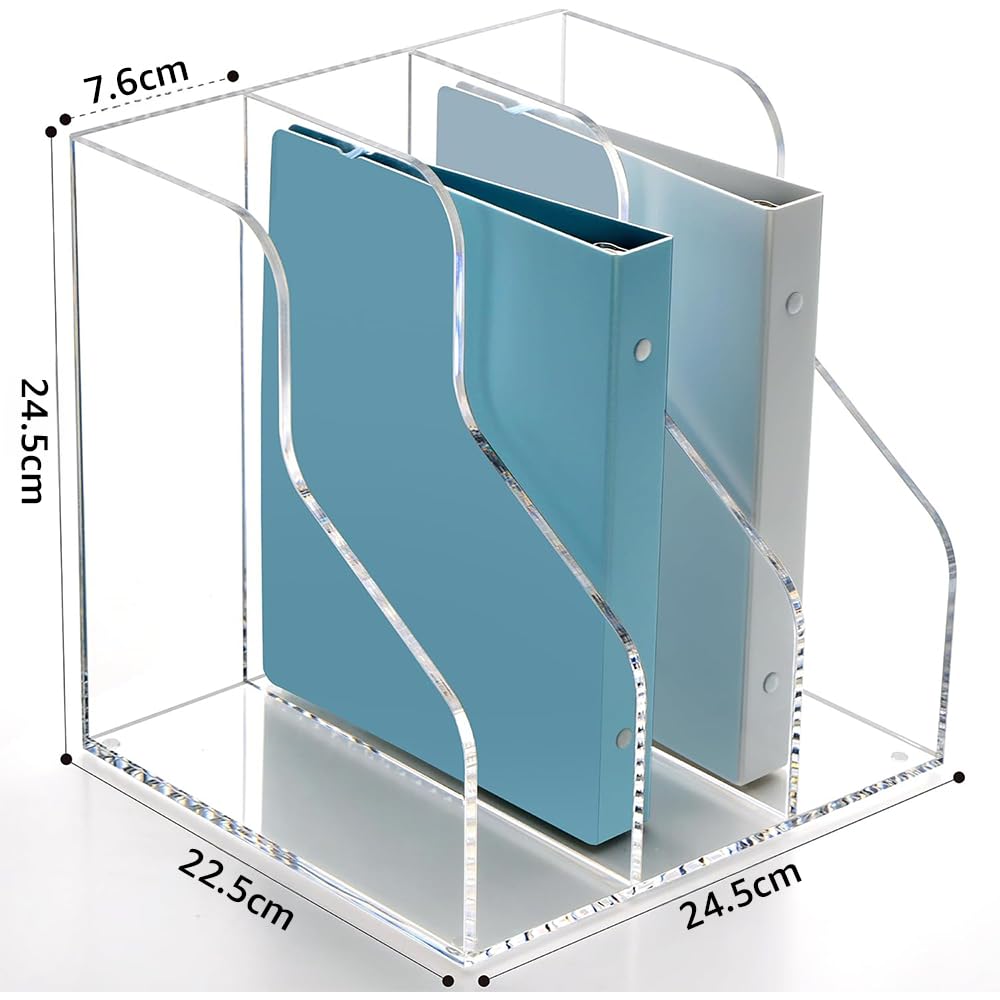 Acrylic Magazine Holder, 3-Slot Clear Desktop File Organizer Rack for Books, Folders, and Office Supplies, Space-Saving Bookshelf Sorter for Desk or Workspace, Transparent Stand, Clear