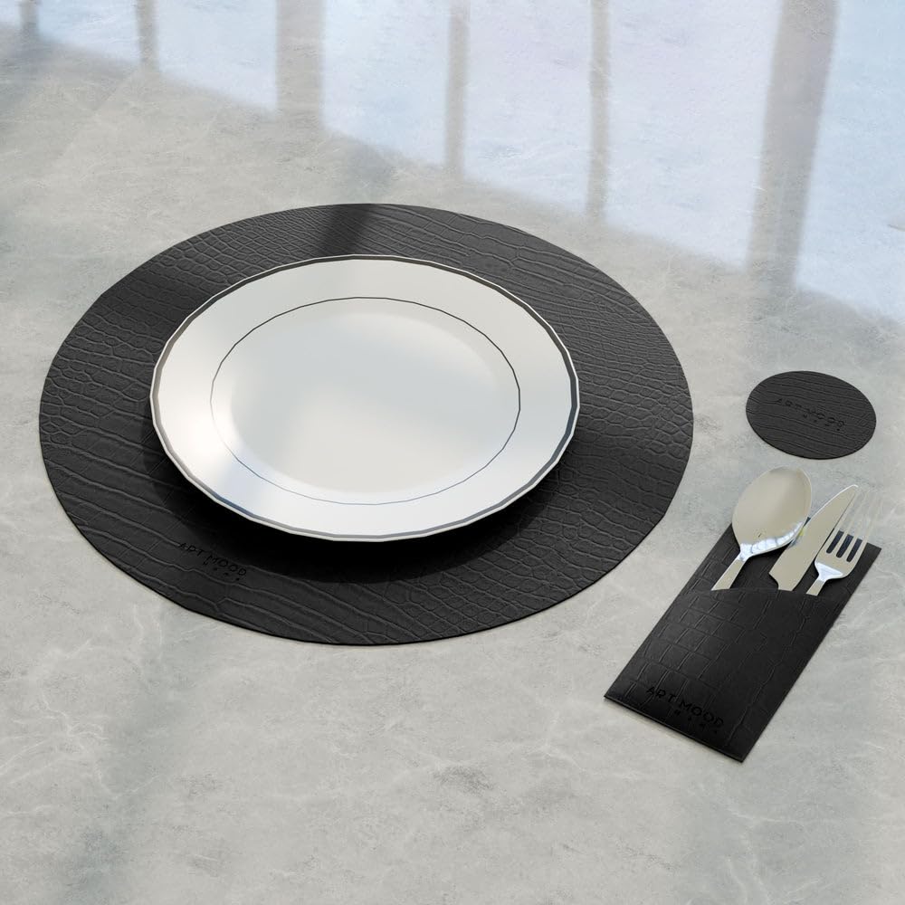 Leather Placemat Set with Coasters And Holders - Faux Leather Dining Table Protection - Heat And Scratch Resistant