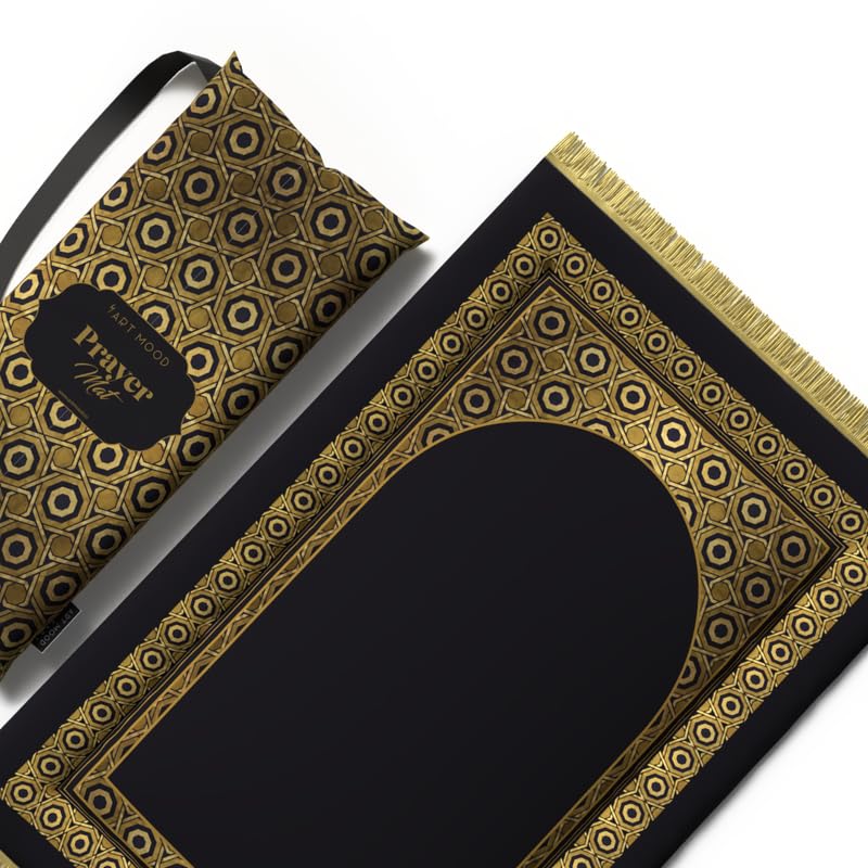 Elegant Velvet Padded Prayer Rug in Gold and Black, 68x117 cm, a soft and comfortable mat with plush cushioning, perfect for enhanced support and a luxurious feel during prayers
