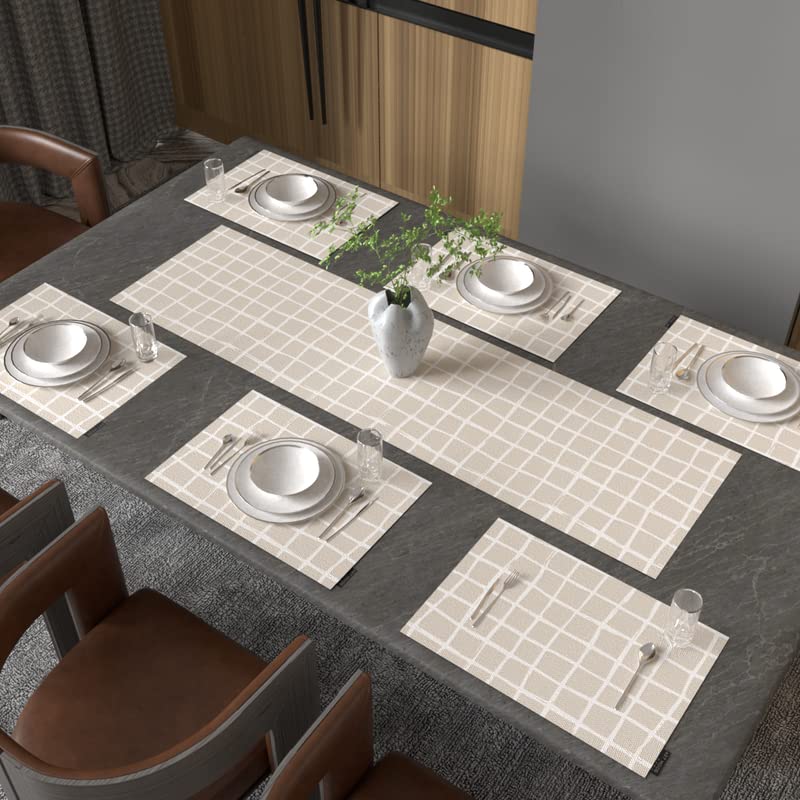 Haven 2 7-Piece Dining Set, includes 6 Durable Canvas Placemats (45x30 cm) and 1 Table Runner (35x140 cm), Beige & Blue, a Chic, Modern Design to Protect and Beautify your Table