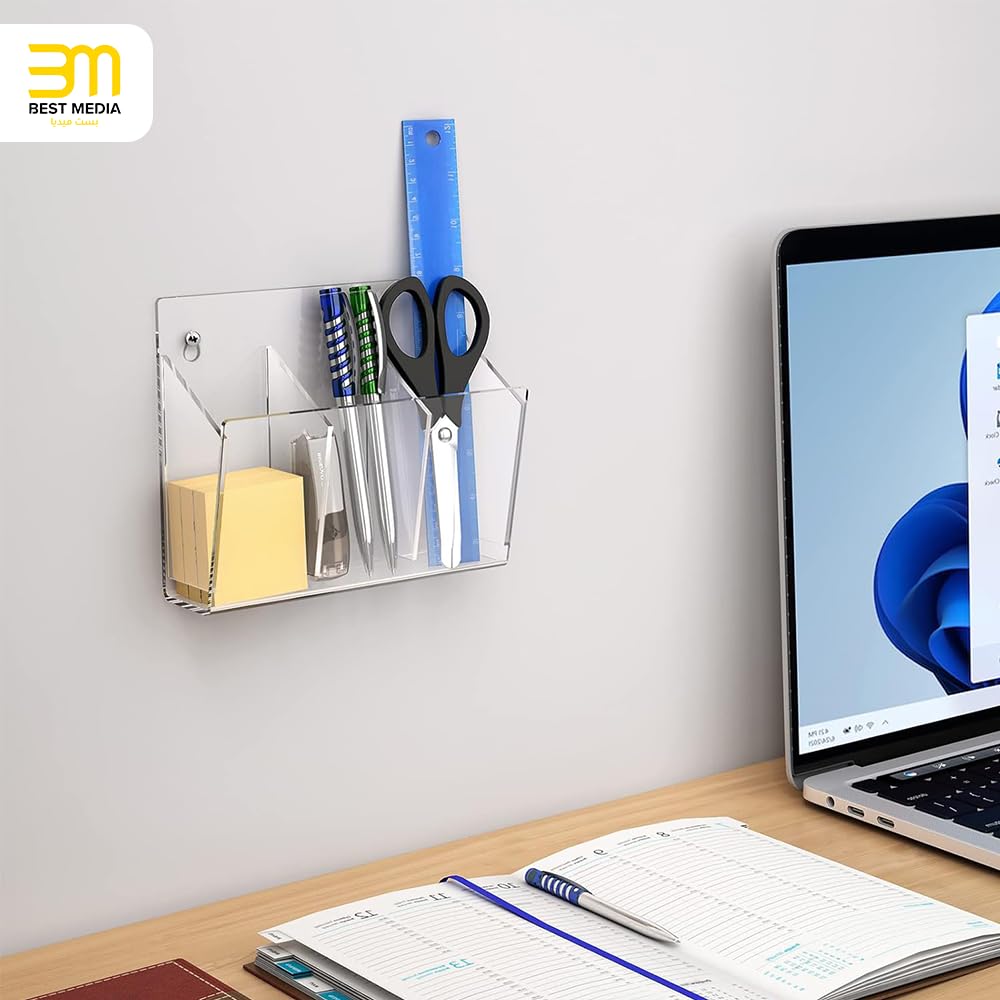 Acrylic Marker Holder, Wall Mounted Organizer with 3 Compartments, for Dry Erase Markers, Whiteboards, Classroom and Office Accessories, Includes Adhesive, Clear