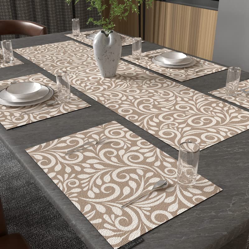Cran Leaf 7-Piece Dining Set, includes 6 Durable Canvas Placemats (45x30 cm) and 1 Table Runner (35x140 cm), Beige & Blue, a Botanical Design to Protect and Style your Table