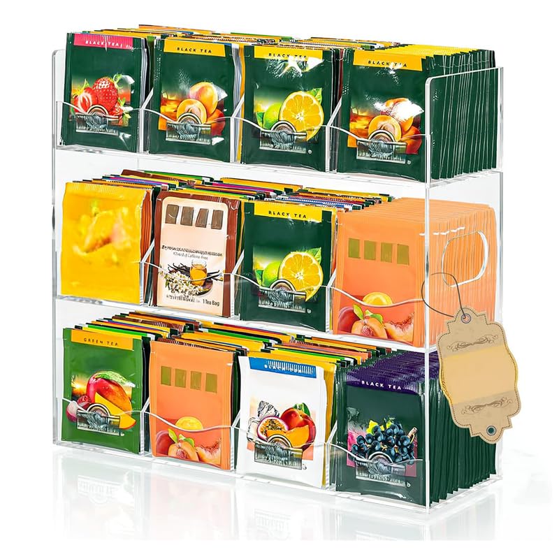 Clear Acrylic Tea Bag Organizer for Counter, Wall Mountable Tea Storage Box Holds 216+ Tea Bags, 9-Compartment Holder with Elegant Edge Design for Kitchen Cabinet and Pantry.